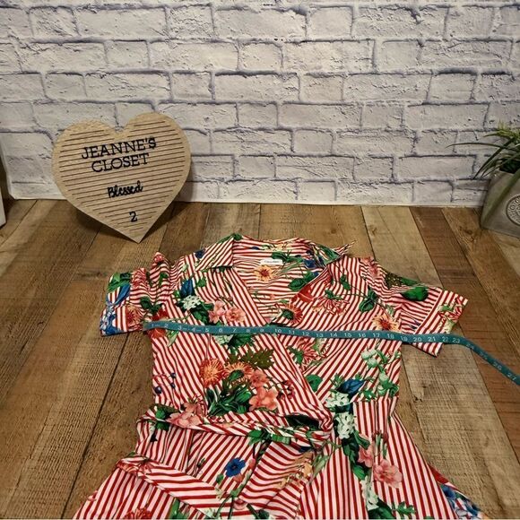 Calvin Klein Floral Striped Wrap Dress  High Low Red Pinstripe Pinup Size 8 - Picture 9 of 10